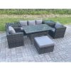 Fimous 6 Seater Rattan Garden Furniture Set Patio Outdoor Rectangular Dining Table Lounge Sofa Chair with 2 Side Table Stool Dark Grey Mixed