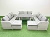 Fimous Patio Garden Furniture Sets with Black Glass Top Dining Table 3 Seater Sofa 2 Side Tables 2 Big Stool Light Grey