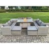 Fimous 11 Seater Outdoor Garden Dining Sets Rattan Furniture Gas Fire Pit Dining Table Gas Heater with Side Table 2 Big Footstools Light Grey
