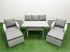 Fimous PE Rattan Garden Furniture Set Reclining Chair Sofa Lounge Sofa Set Rectangular Dining Table 2 Side Table 2 Big Footstool Light Grey