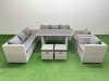 Fimous 10 Seater Wicker PE Rattan Furniture Outdoor Dining Table 3 Seater Sofa Armchair Set with 2 Small Stools Light Grey