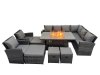 Fimous Outdoor Furniture Garden Dining Set Rattan Corner Sofa Chair Set Gas Fire Pit Table with Temper Glass 4 Footstools Dark Grey Mixed