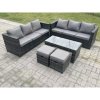 Fimous Outdoor Rattan Garden Furniture Lounge Sofa Set With Oblong Rectagular Coffee Table 2 Stools