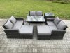 Fimous Outdoor Lounge Sofa Set Wicker PE Rattan Garden Furniture Set with Rectangular Dining Table 2 Seat Sofa 2 Big Footstool Side Table Dark Grey Mixed