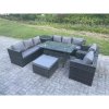 Fimous Outdoor Garden Furniture Rattan Lounge Sofa Set Patio Rectangular Dining Table with 2 Armchair Side Table Big Footstool 9 Seater Dark Grey Mixed