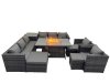 Fimous 11 Seater Garden Outdoor Rattan Furniture Set Patio Corner Sofa Gas Firepit Dining Table with Side Table 3 Stools Dark Grey