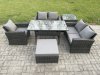 Fimous 6 Seater Wicker Rattan Garden Dining Set Outdoor Furniture Sofa with Dining Table Double Seat Sofa Big Footstool Side Table Dark Grey Mixed