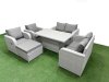 Fimous 7 Seater Outdoor Reclining Chair Love Sofa Set Rattan Garden Furniture Set with Adjustable Lifting Dining or Coffee Table Footstool Light Grey