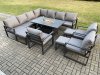 Fimous Aluminium Lounge Corner Sofa Outdoor Garden Furniture Sets Gas Fire Pit Dining Table Set with 3 Chairs 3 Footstools Dark Grey