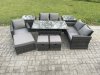 Fimous Outdoor Garden Dining Set Wicker PE Rattan Furniture Sofa with Rectangular Dining Table Double Seat Sofa 2 Side Tables 3 Footstools Dark Grey Mixed