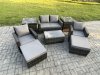 Fimous 6 Seater Dark Grey Outdoor Rattan Garden Furniture Set Patio Lounge Sofa Rectangular Coffee Table with 2 Side Tables 2 Big Footstool
