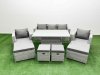 Fimous 8 PCs Rising Dining Table Set Rattan Furniture Set with 3 Seater Sofa Chair 2 Big Footstools 2 Small Footstools Light Grey