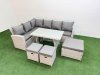 Fimous Garden Outdoor Rattan Furniture Set Rattan Corner Sofa Oblong Dining Table Set with 3 Footstools Light Grey Mixed 9 Seater