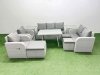 Fimous PE Rattan Garden Furniture Set Outdoor Rectangular Dining Table Sofa Set with Reclining Chair 3 Stool 2 Side Tables Light Grey