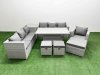 Fimous 7 PCs Rising Dining Table Set Rattan Furniture Set with 3 Seater Sofa Chair 3 Footstools Side Table Light Grey