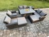 Fimous Outdoor Garden Furniture Sets 8 Pieces Wicker Rattan Furniture Gas Firepit Dining Table Sofa Set with 2 Big Footstool Side Table Dark Grey Mixed