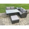 Fimous Garden Patio Furniture Wicker Rattan Oblong Rectangular Dining Table and Loveseat Sofa set with Side Table Big Footstool Dark Grey Mixed
