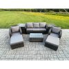 Fimous Rattan Garden Furniture Set Patio Outdoor Lounge Sofa Set with Rectangular Coffee Table 2 Big Footstool 3 Seater Sofa 2 Side Tables Dark Grey Mixed