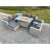Fimous Light Grey Rattan Fire Pit Garden Furniture Set Gas Heater Burner Lounge Sofa Dining Set Coffee Table Chairs Footstool