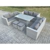 Fimous Light Grey U Shape Lounge Rattan Garden Furniture Set Adjustable Rising Lifting Table Dining Set 2 Stools