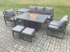 Fimous Aluminium Patio Outdoor Garden Furniture Lounge Sofa Set Gas Fire Pit Dining Table with Side Table 2 Small Footstools Dark Grey