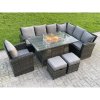 Fimous High Back Rattan Garden Furniture Sets Gas Fire Pit Dining Table Gas Heater Set Right Corner Sofa Small Footstools Chair 9 Seater
