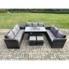 Fimous Rattan Furniture Garden Dining Set Gas Fire Pit Table With Side Table Lounge Sofa 2 Small Footstools Dark Grey Mixed