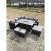 Fimous 9 Seater Rattan Corner Sofa Set Gas Firepit Dining Table Set Patio Heater Burner With Big Footstool Dark Grey Mixed
