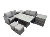 Fimous 6-seater Patio Height Adjustable Rising Lifting Table Sofa Sets Rattan Garden Furniture Dining Set with 2 Small Stools Dark Grey Mixed