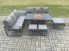 Fimous Aluminium Outdoor Lounge Sofa Garden Furniture Sets Gas Fire Pit Dining Table Set with 3 Footstools Side Table Dark Grey