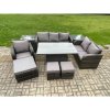 Fimous Rattan Outdoor Furniture Garden Dining Set Patio Height Adjustable Rising lifting Table Reclining Chair Sofa With 2 Side Tables 3 Footstools Dark Grey Mixed