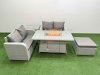 Fimous 5 Seater Outdoor Love Sofa Set Rattan Garden Furniture Set with Firepit Dining Table Big Footstool Side Table Light Grey