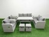 Fimous PE Rattan Garden Furniture Set Reclining Chair Sofa Double Love Seat 2 Seater Sofa Lounge Set Rectangular Dining Table 2 Stools 2 Side Table Light Grey