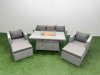 Fimous 7 Seat PE Rattan Lounge Sofa Set Outdoor Garden Furniture Set with Firepit Dining Table 3 Seater Sofa 2 Big Footstools Light Grey