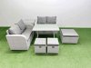 Fimous 7 Seater Outdoor Love Sofa Set Rattan Garden Furniture Set with Rectangular Dining Table Side Table 3 Footstools Light Grey