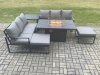 Fimous Aluminium Outdoor Lounge Sofa Garden Furniture Sets Gas Fire Pit Dining Table Set with 2 Big Footstools Side Table Dark Grey