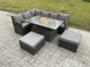 Fimous 8 Seater Rattan Garden Furniture High Back Corner Sofa Gas Fire Pit Dining Table Sets Gas Heater with 2 Big Footstool Dark Grey Mixed