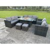Fimous 10 Seater Outdoor Rattan Garden Furniture Gas Fire Pit Table Dining Set Gas Heater Lounge Chairs Small Footstools Dark Grey