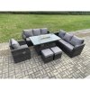 Fimous 9 Seater Wicker Rattan Garden Furniture Set Gas Fire Pit Dining Table Reclining Chair 3 Seater Sofa Set Indoor Outdoor with 2 Small Footstools