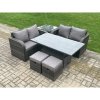 Fimous Outdoor Rattan Furniture Garden Dining Set Height Adjustable Rising lifting Table Love Sofa Set With Side Table 2 Small Footstool Dark Grey Mixed
