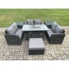 Fimous Rattan Outdoor Garden Furniture Sofa Set Gas Fire Pit Dining Table Gas Heater with 2 Side Tables Love Sofa Big Footstool Dark Grey Mixed