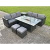 Fimous Outdoor Rattan Garden Corner Furniture Gas Fire Pit Table Sets Gas Heater Lounge Small Footstools Dark Grey 8 Seater