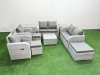 Fimous 9 Seater Outdoor Reclining Chair Love Sofa Set Rattan Garden Furniture Set with Square Coffee Table 3 Stools 2 Side Table Light Grey