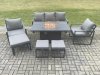 Fimous Aluminium Patio Outdoor Garden Furniture Lounge Sofa Set Gas Fire Pit Dining Table with 3 Footstools Dark Grey