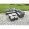 Fimous Outdoor Rattan Garden Furniture Set Patio Lounge Sofa Set with Rectangular Coffee Table Side Table 2 Small Footstools Dark Grey Mixed