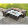 Fimous 6 Seater Outdoor Rattan Garden Corner Sofa Furniture Gas Fire Pit Table Sets Gas Heater Lounge Dark Grey