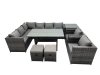 Fimous Outdoor PE Rattan Sofa Set with Dining Table Patio Garden Furniture Sets with 2 Small Stools Side Table Dark Grey Mixed