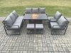 Fimous Aluminium Outdoor Garden Furniture Set Patio Lounge Sofa Gas Fire Pit Dining Table Set with 2 Small Footstools Dark Grey