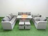 Fimous PE Rattan High Back Lounge Sofa Set Patio Firepit Dining Table & Chairs Set with 3 Seater Sofa Reclining Chair Stools 2 Side Table Light Grey