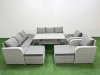 Fimous PE Rattan High Back Lounge Sofa Set Patio Rectangular Dining Table & Chairs Set with 3 Seater Sofa Reclining Chair 2 Big Footstool Side Table Light Grey